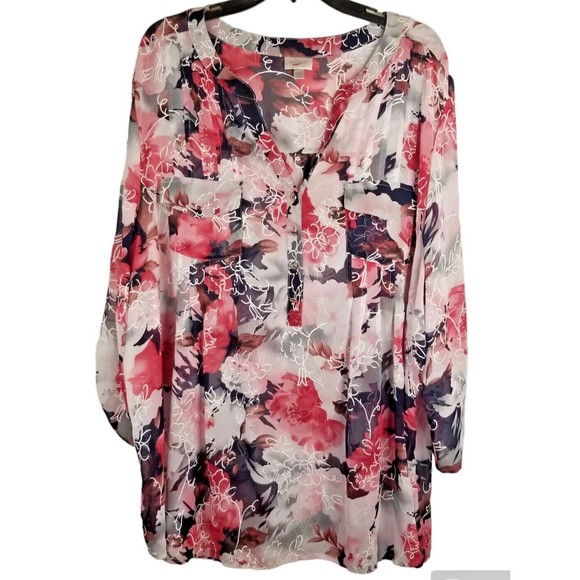 Avenue Women's Tunic Top Blouse Sheer Floral Size 30/32 Pockets Pleat Accent - Picture 2 of 7